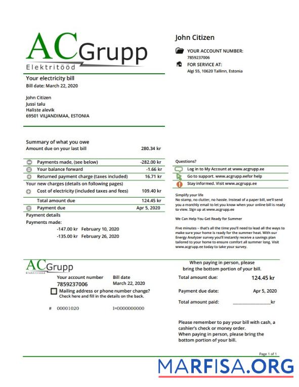 Printable Estonia AC Grupp OÜ electricity utility bill template in Word and PDF format